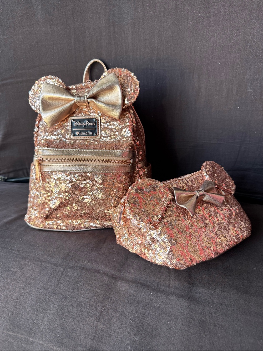 Loungefly Rose Gold Sequin Mini Backpack and Pouch Set - Picture 13 of 16